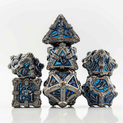 Skull Keep Gothic Relic Metal Dnd D&d Dice Set - Black Nickel Blue