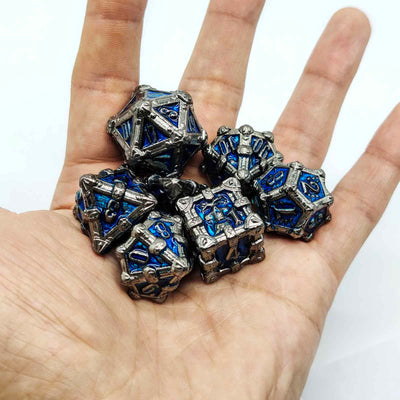 Skull Keep Gothic Relic Metal Dnd D&d Dice Set - Black Nickel Blue