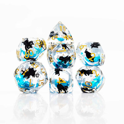 Glowpaw Prism Cat Liquid Core Resin Dnd D&D Dice Set - Aqua Glow Blue