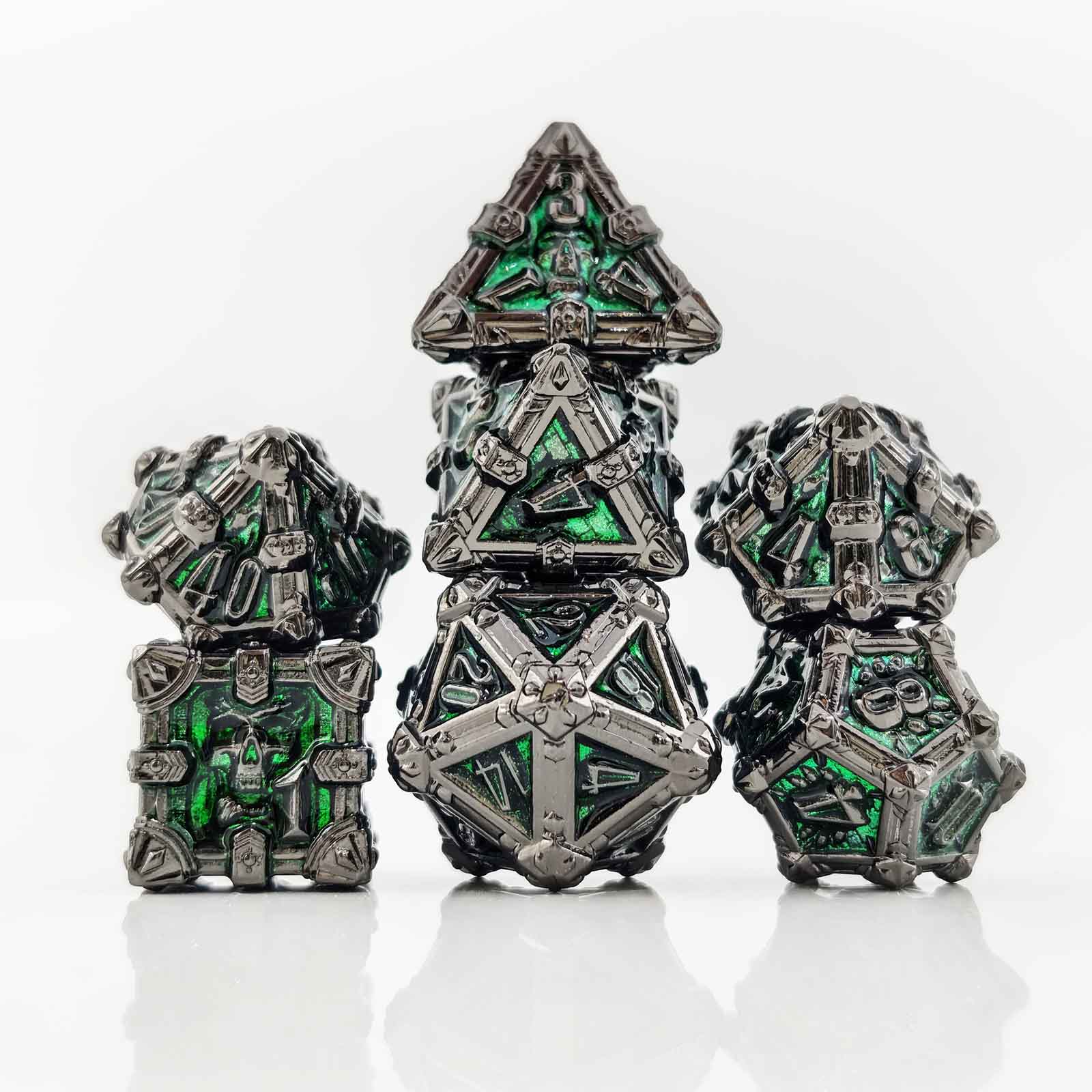Skull Keep Gothic Relic Metal Dnd D&d Dice Set - Black Nickel Green