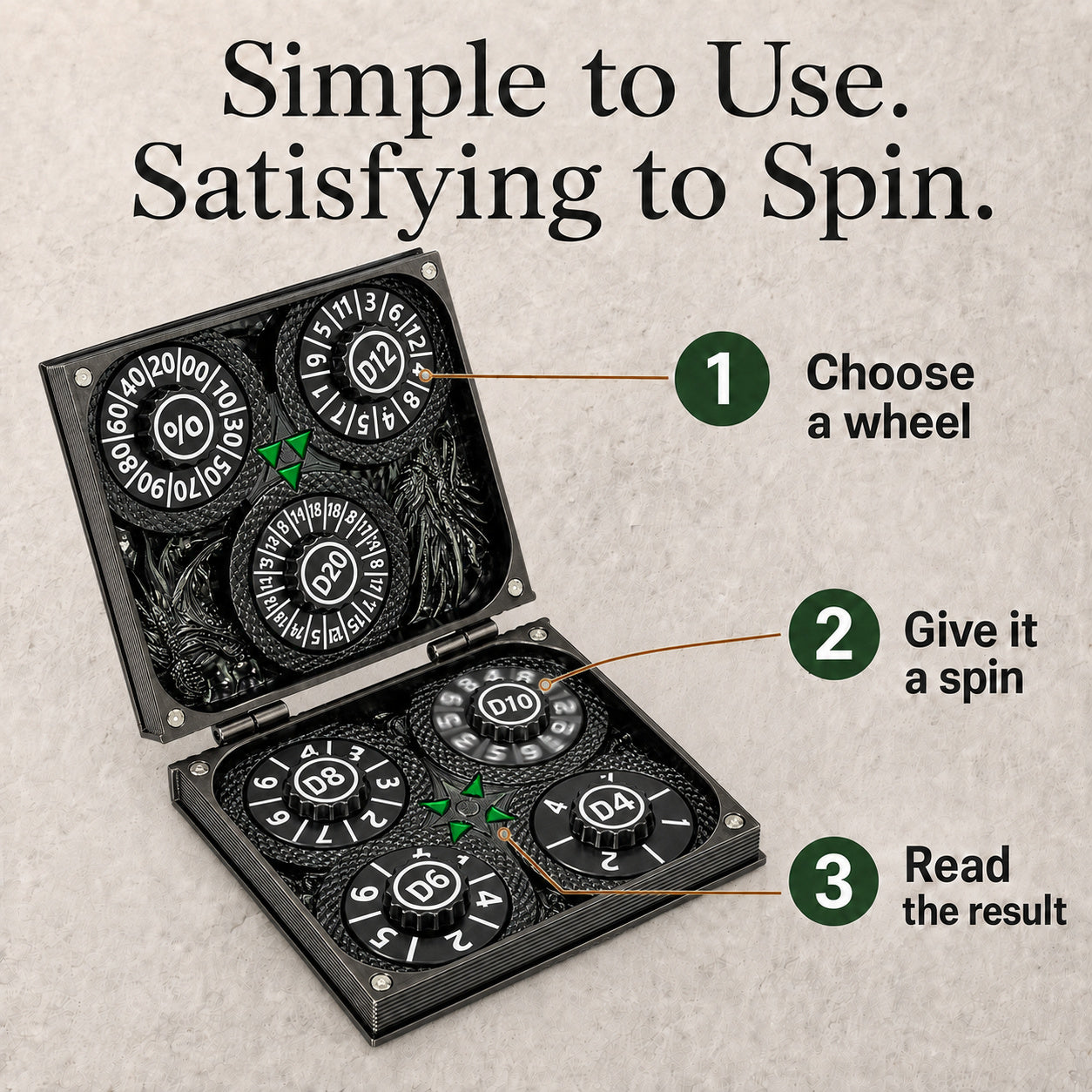 Masters Dice Codex #001 – Spellbook | 7-in-1 Pocket Spinner DND Dice Set
