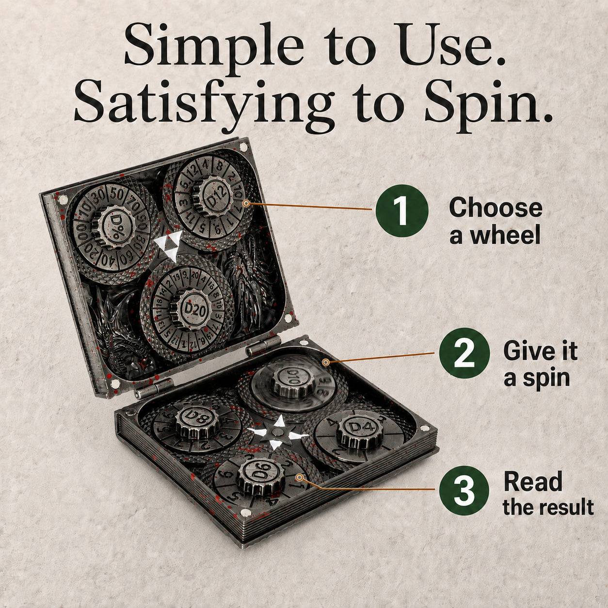 Masters Dice Codex #001 – Spellbook | 7-in-1 Pocket Spinner DND Dice Set