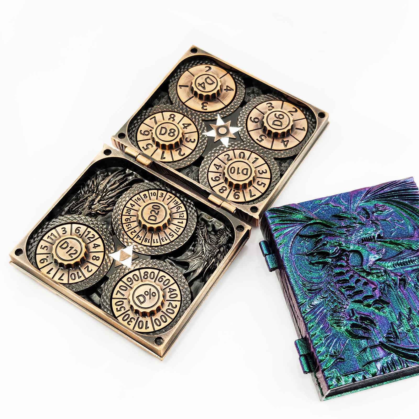 Masters Dice Codex #001 – Spellbook | 7-in-1 Pocket Spinner DND Dice Set