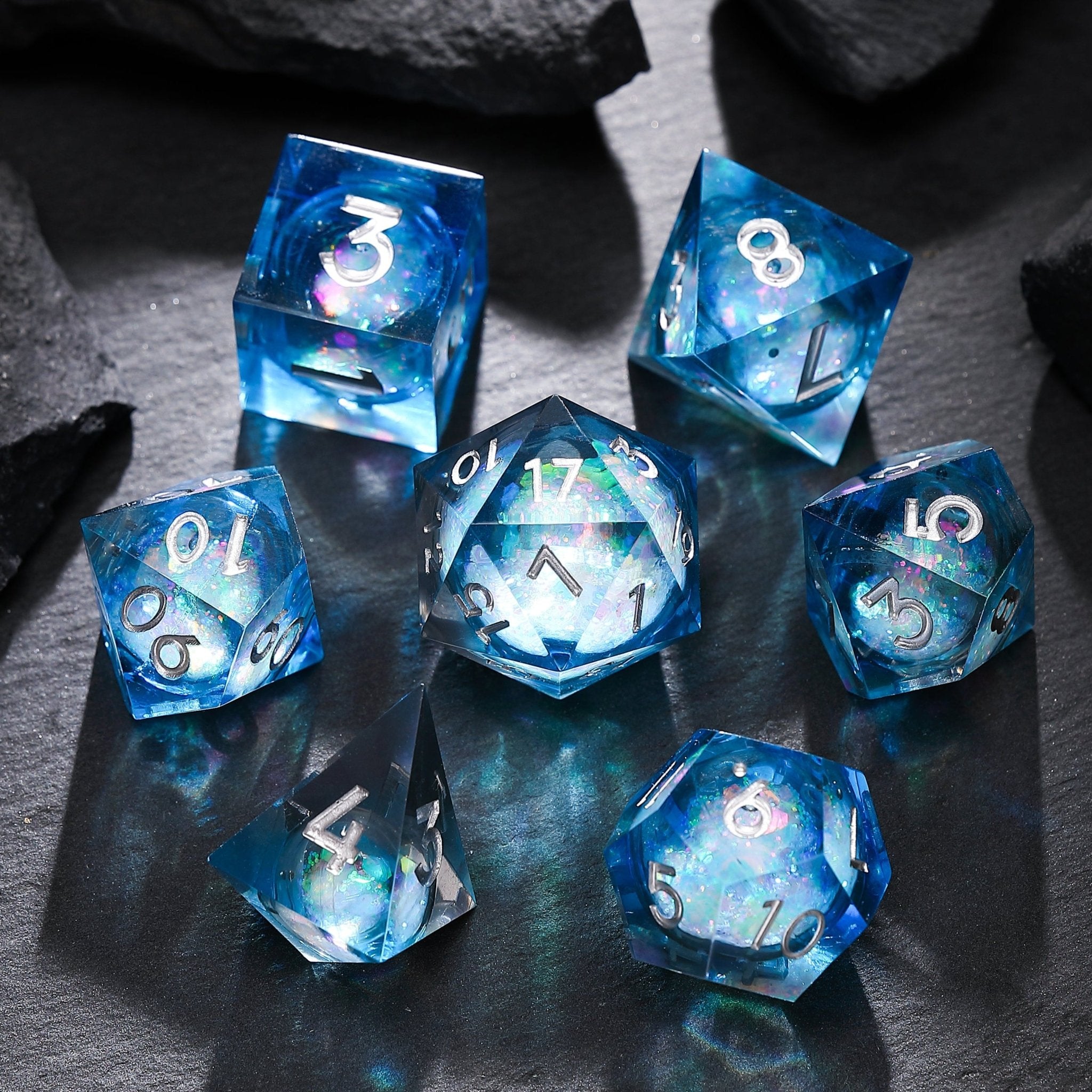 Aurora Blue Heart Of Frost Crystal Blue Liquid Core Resin Dnd D&D Dice Set - Masters Dice