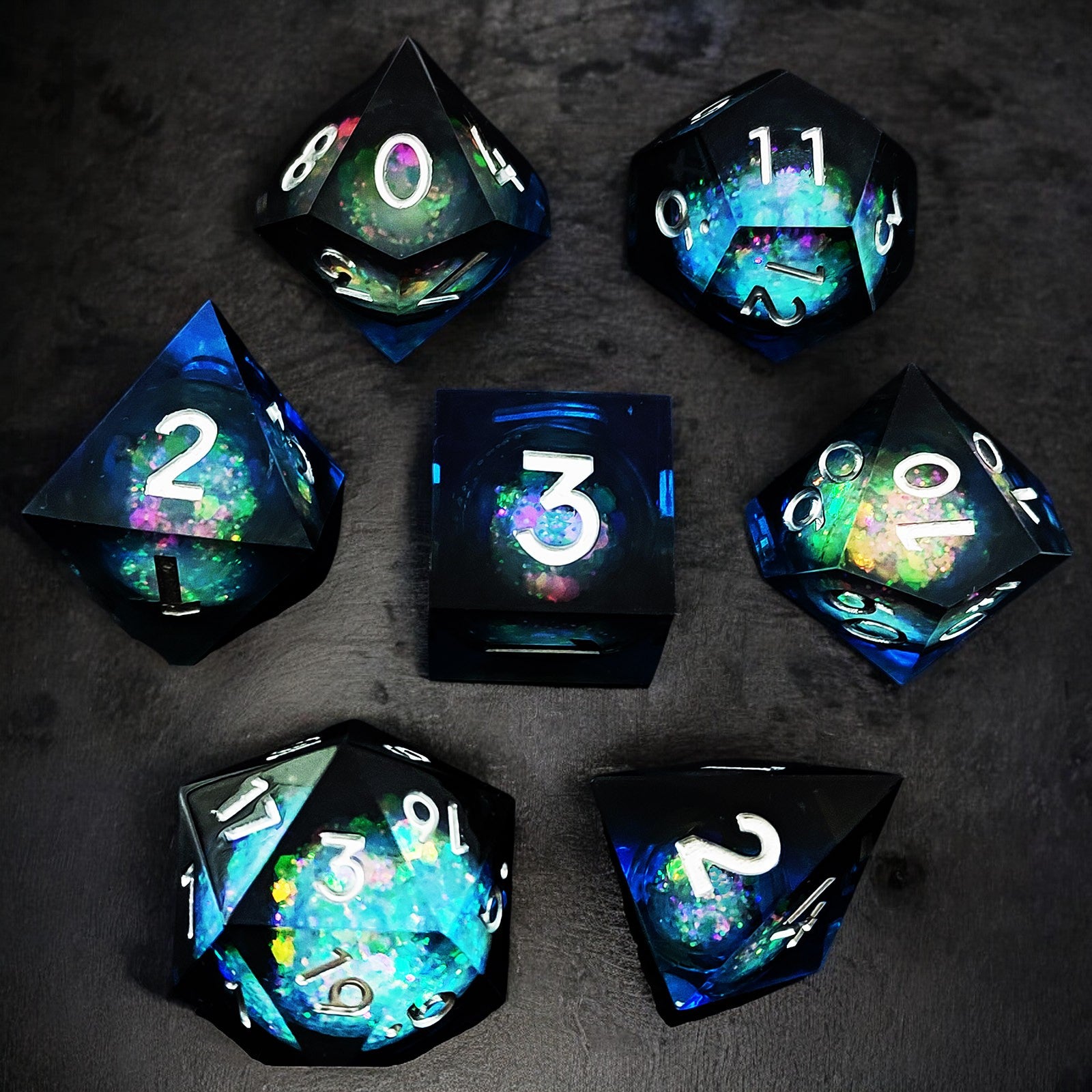 Black Blue Opal Star Liquid Core Resin Dnd D&d Dice Set - Masters Dice