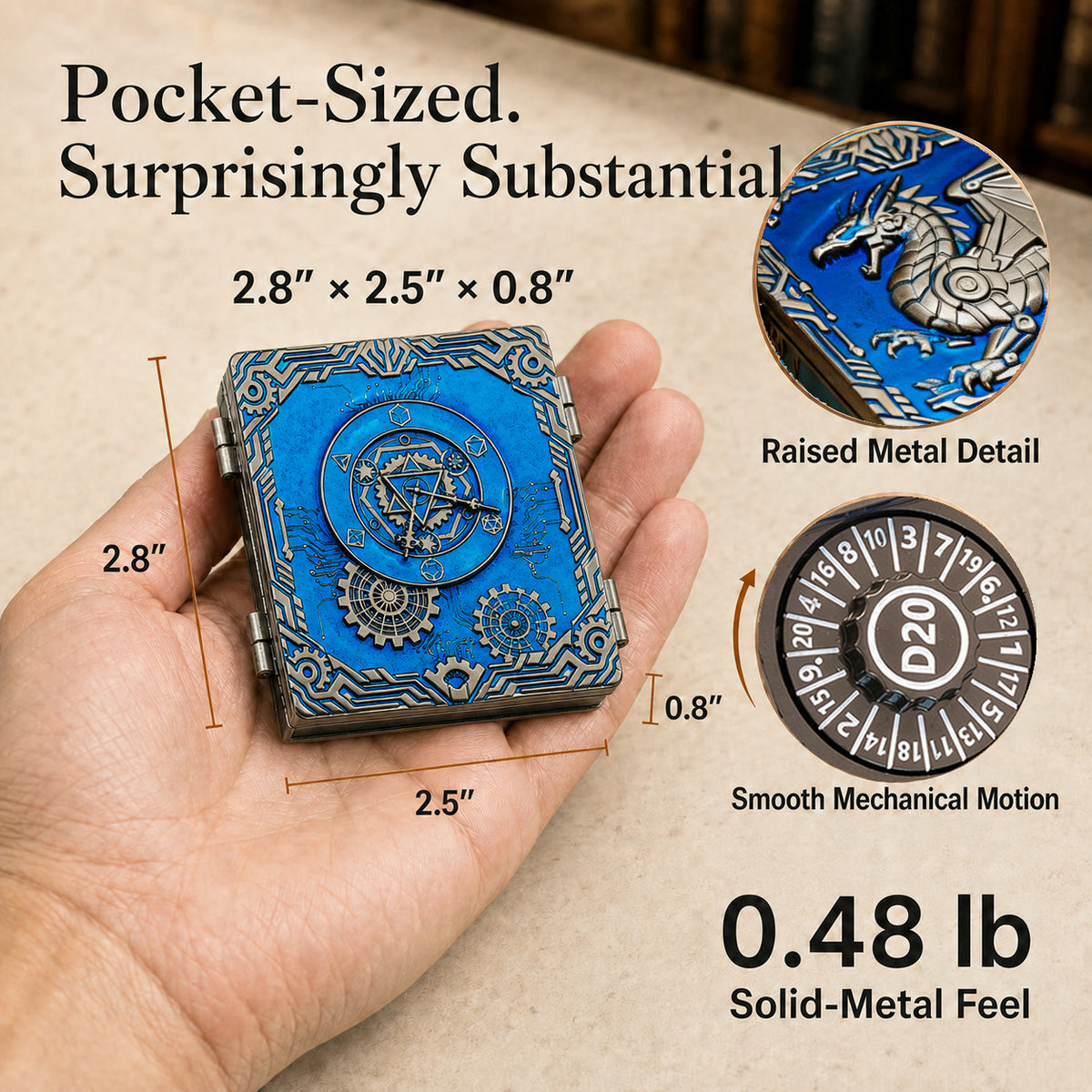Codex Pearl Blue: pocket size and metal detail