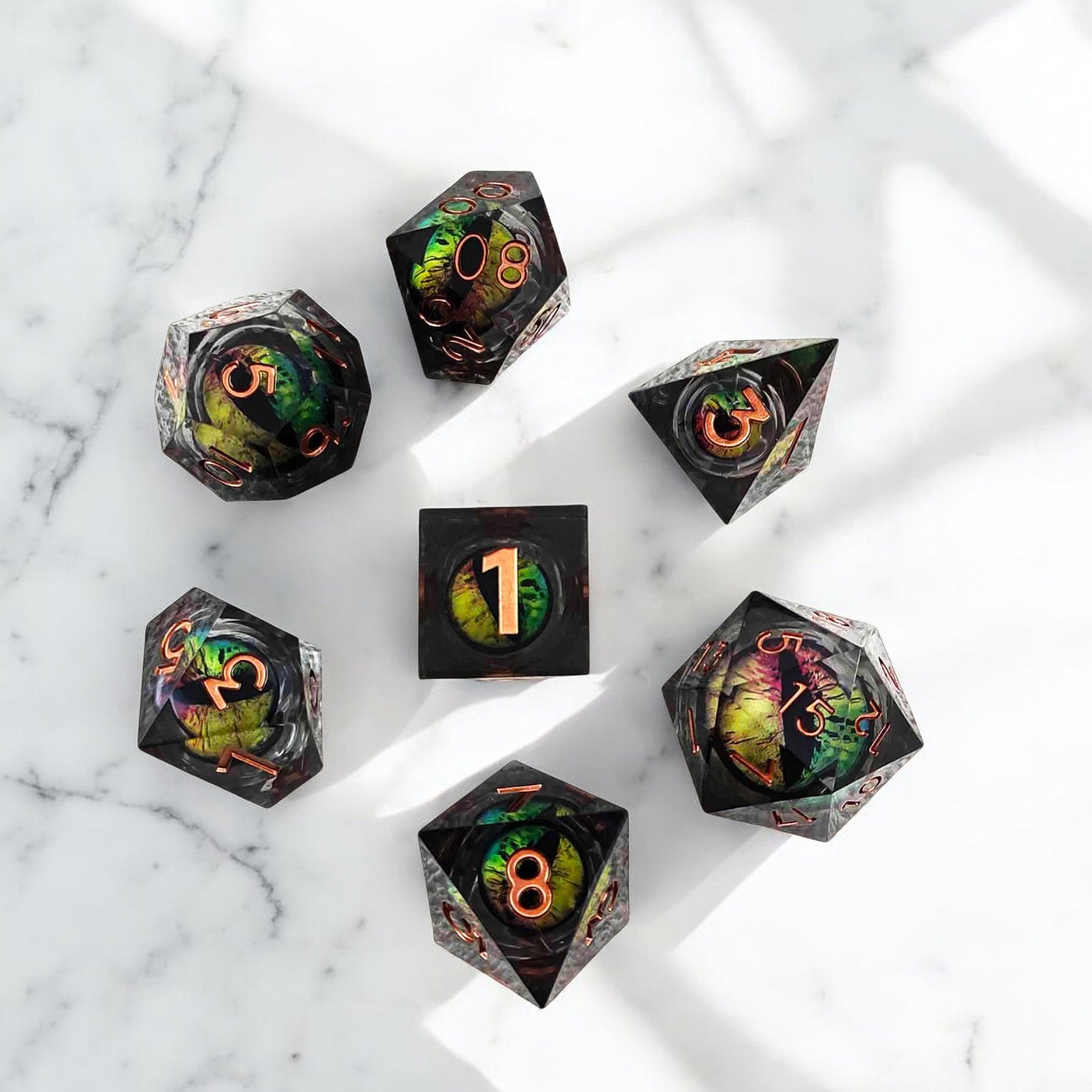 Dark Green Mystic Forest Eye Dragon Eye Liquid Core Resin Dnd D&d Dice Set - Masters Dice