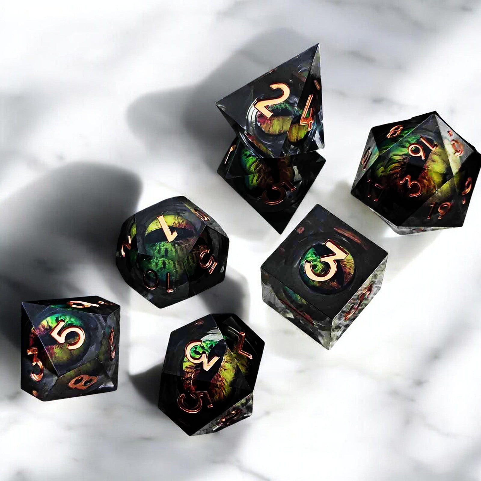 Dark Green Mystic Forest Eye Dragon Eye Liquid Core Resin Dnd D&d Dice Set - Masters Dice