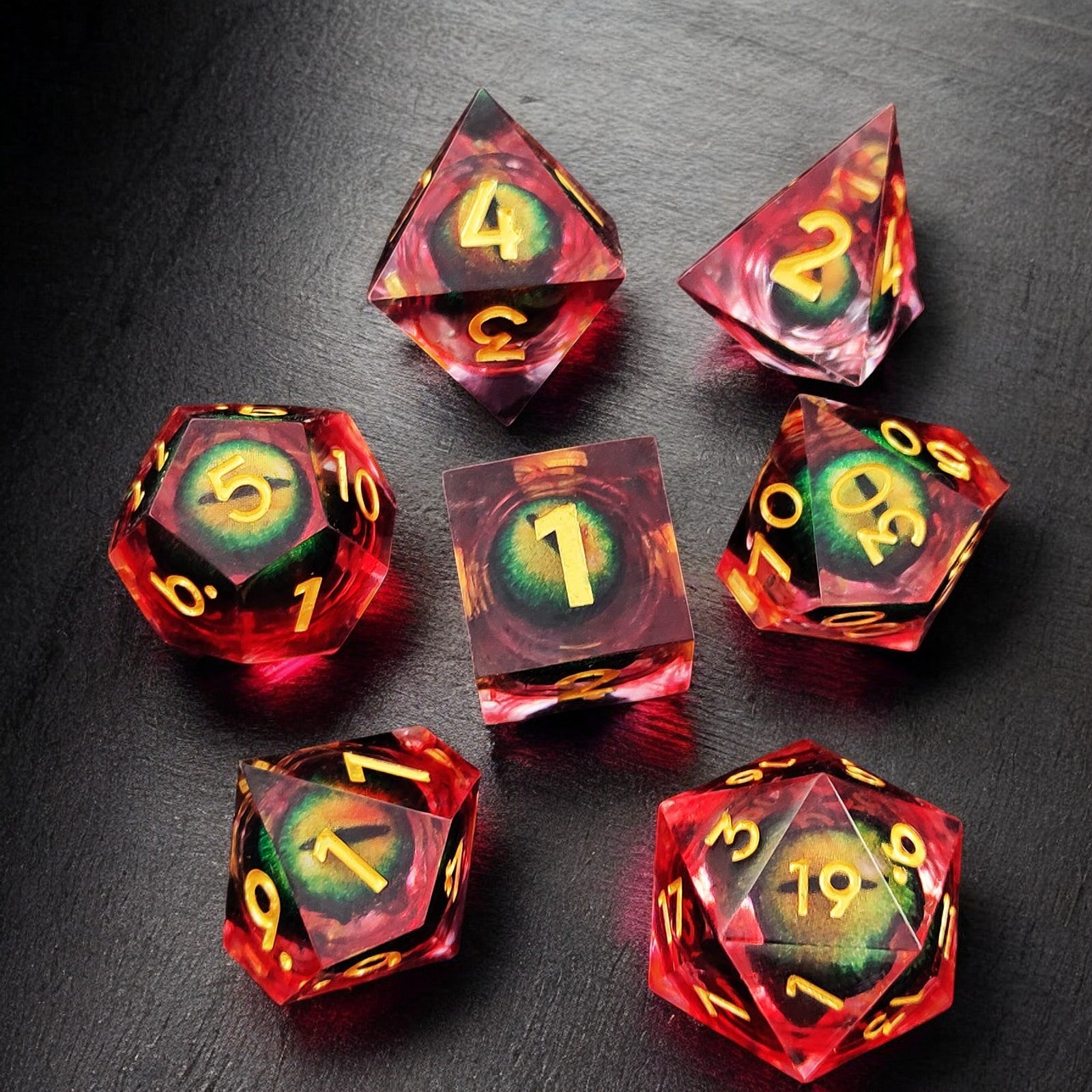 Golden Flame Dragon Eye Liquid Core Resin Dnd D&d Dice Set - Masters Dice