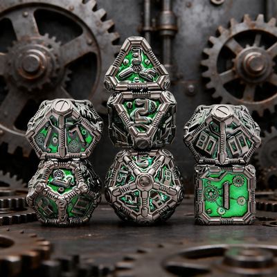 Clockwork Gear Core Metal Dnd D&d Dice Set - Pearl Gunmetal Green