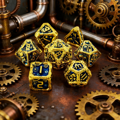 Clockwork Gear Core Metal Dnd D&d Dice Set - Gold Blue