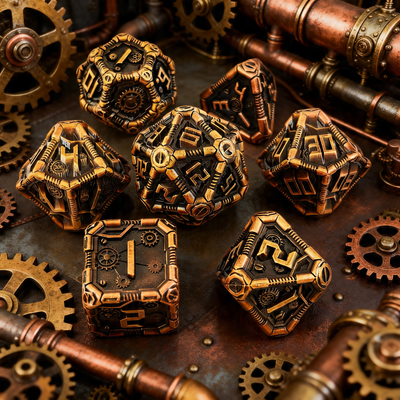 Clockwork Gear Core Metal Dnd D&d Dice Set - Antique Gold