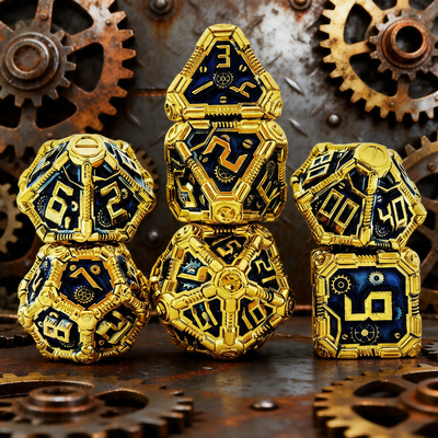 Clockwork Gear Core Metal Dnd D&d Dice Set - Gold Blue