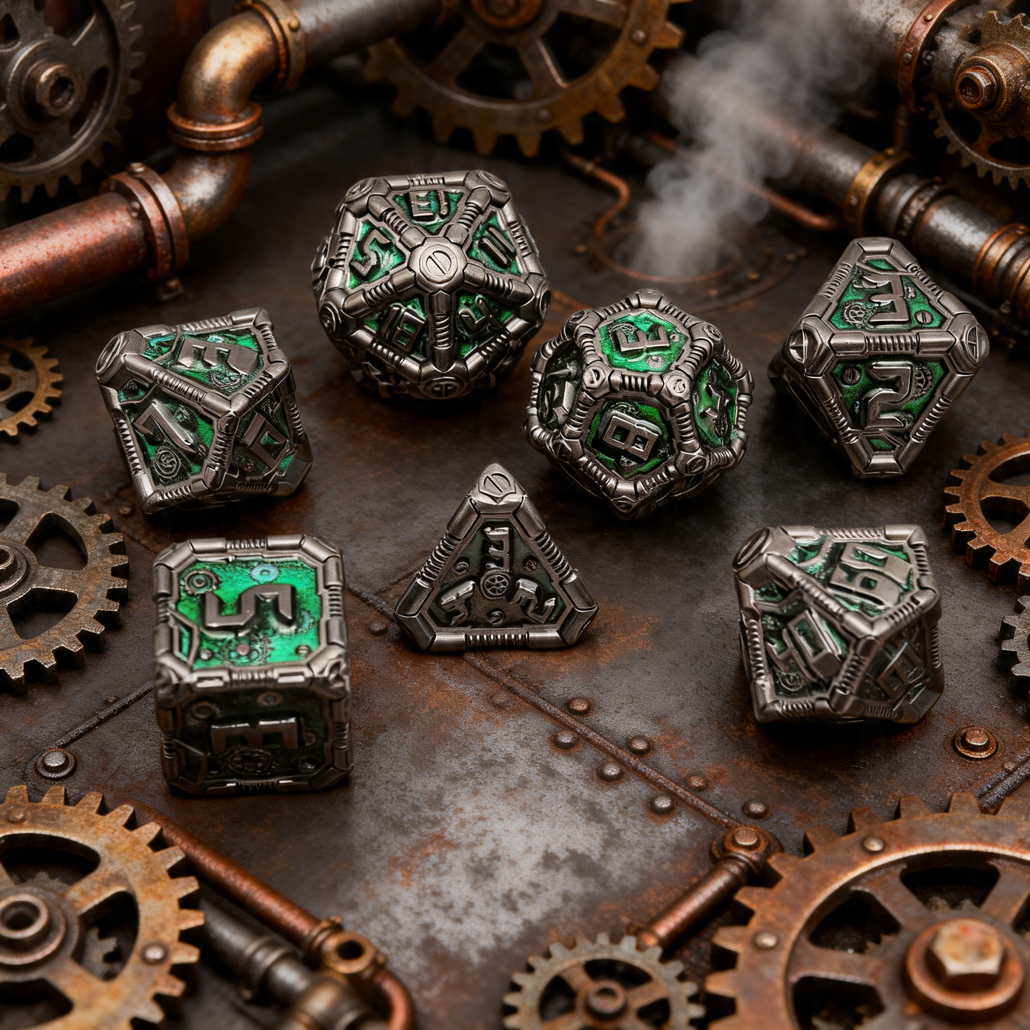 Clockwork Gear Core Metal Dnd D&d Dice Set - Pearl Gunmetal Green