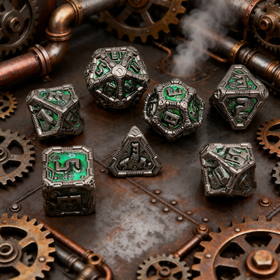 Clockwork Gear Core Metal Dnd D&d Dice Set - Pearl Gunmetal Green