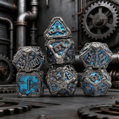 Clockwork Gear Core Metal Dnd D&d Dice Set - Pearl Gunmetal Blue