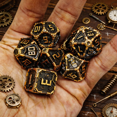 Clockwork Gear Core Metal Dnd D&d Dice Set - Antique Gold