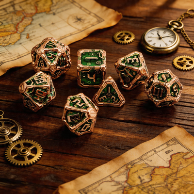 Clockwork Gear Core Metal Dnd D&d Dice Set - Red Copper Emerald
