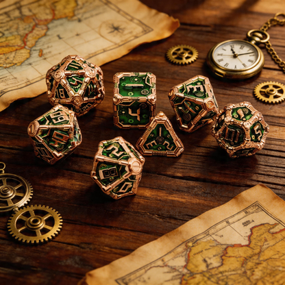 Clockwork Gear Core Metal Dnd D&d Dice Set - Red Copper Emerald