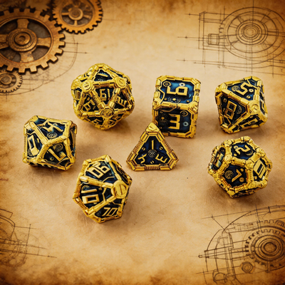 Clockwork Gear Core Metal Dnd D&d Dice Set - Gold Blue