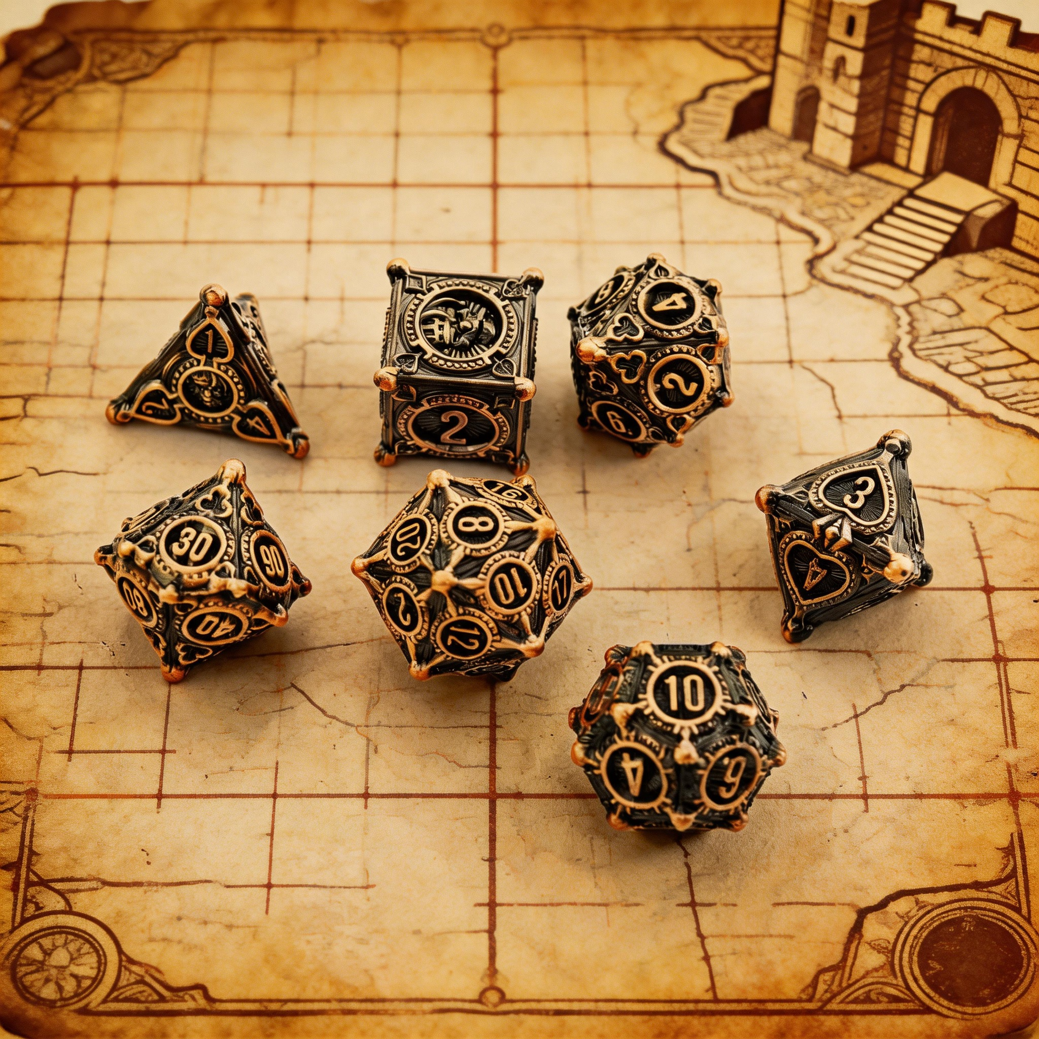 Gambler’s Sigil Playing Card Metal Dnd D&d Dice Set - Antique Copper