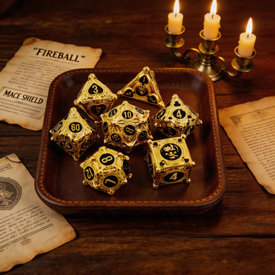 Gambler’s Sigil Playing Card Metal Dnd D&d Dice Set - Gold Black