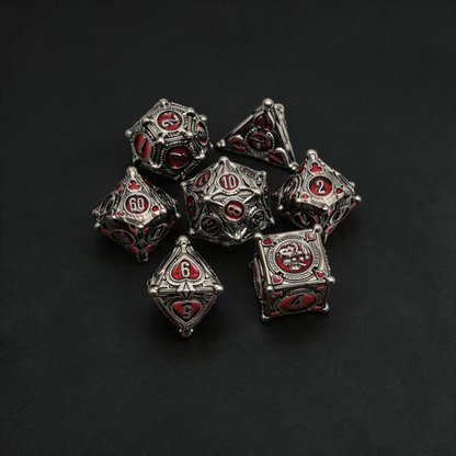 Gambler’s Sigil Playing Card Metal Dnd D&d Dice Set - Pearl Gunmetal Red