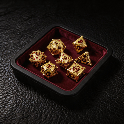 Gambler’s Sigil Playing Card Metal Dnd D&d Dice Set - Gold Red