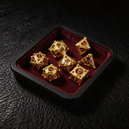 Gambler’s Sigil Playing Card Metal Dnd D&d Dice Set - Gold Red