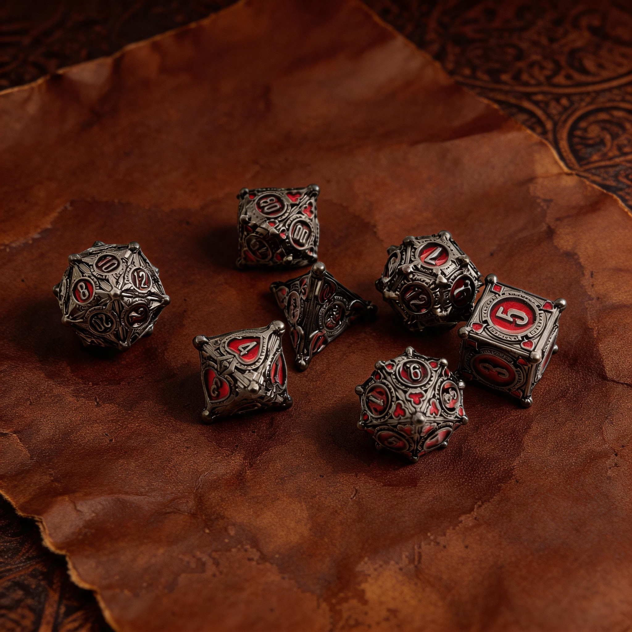 Gambler’s Sigil Playing Card Metal Dnd D&d Dice Set - Pearl Gunmetal Red