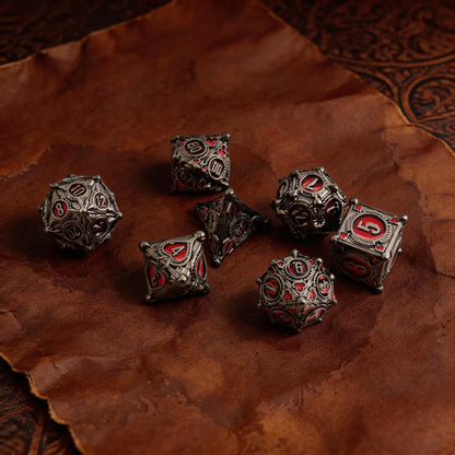 Gambler’s Sigil Playing Card Metal Dnd D&d Dice Set - Pearl Gunmetal Red
