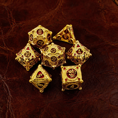 Gambler’s Sigil Playing Card Metal Dnd D&d Dice Set - Gold Red