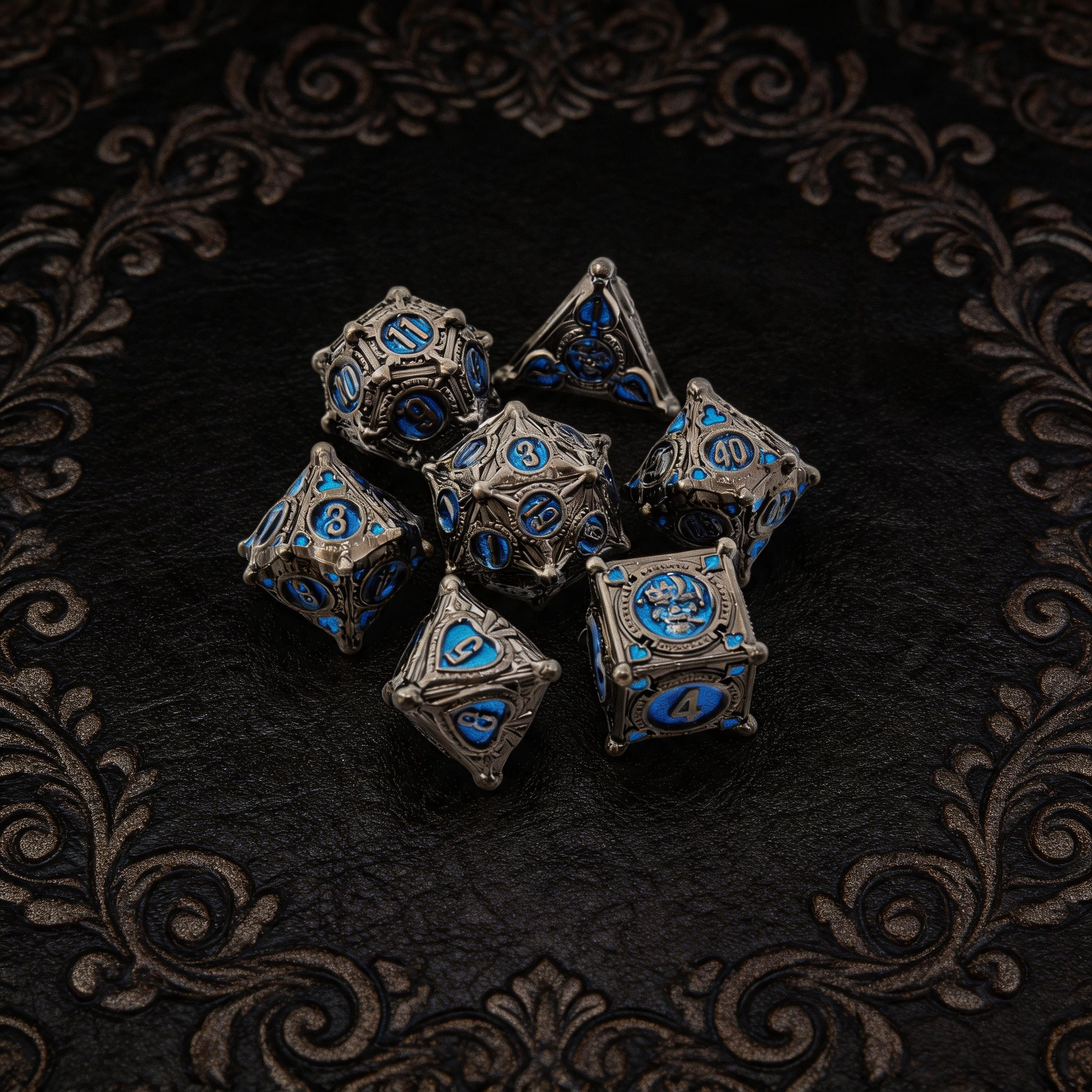 Gambler’s Sigil Playing Card Metal Dnd D&d Dice Set - Pearl Gunmetal Blue