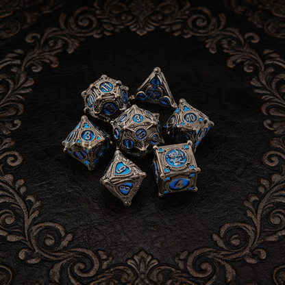 Gambler’s Sigil Playing Card Metal Dnd D&d Dice Set - Pearl Gunmetal Blue