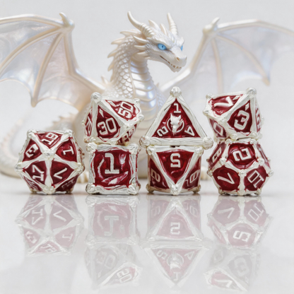Dragon Crest Ancient Wyrm Metal Dnd D&d Dice Set - Silver Red