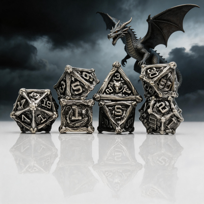 Dragon Crest Ancient Wyrm Metal Dnd D&d Dice Set - Antique Nickel