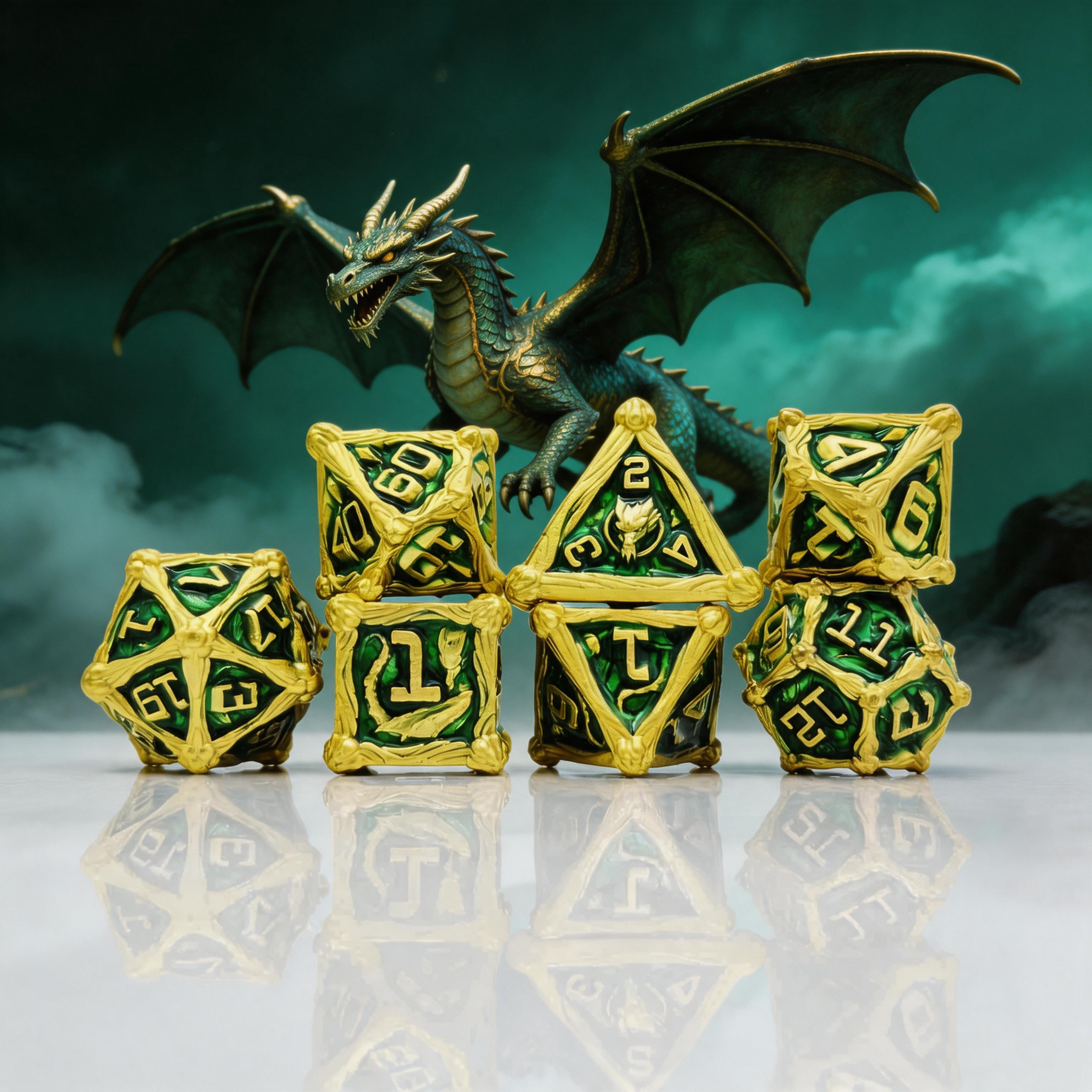 Dragon Crest Ancient Wyrm Metal Dnd D&d Dice Set - Gold Green