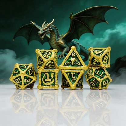 Dragon Crest Ancient Wyrm Metal Dnd D&d Dice Set - Gold Green