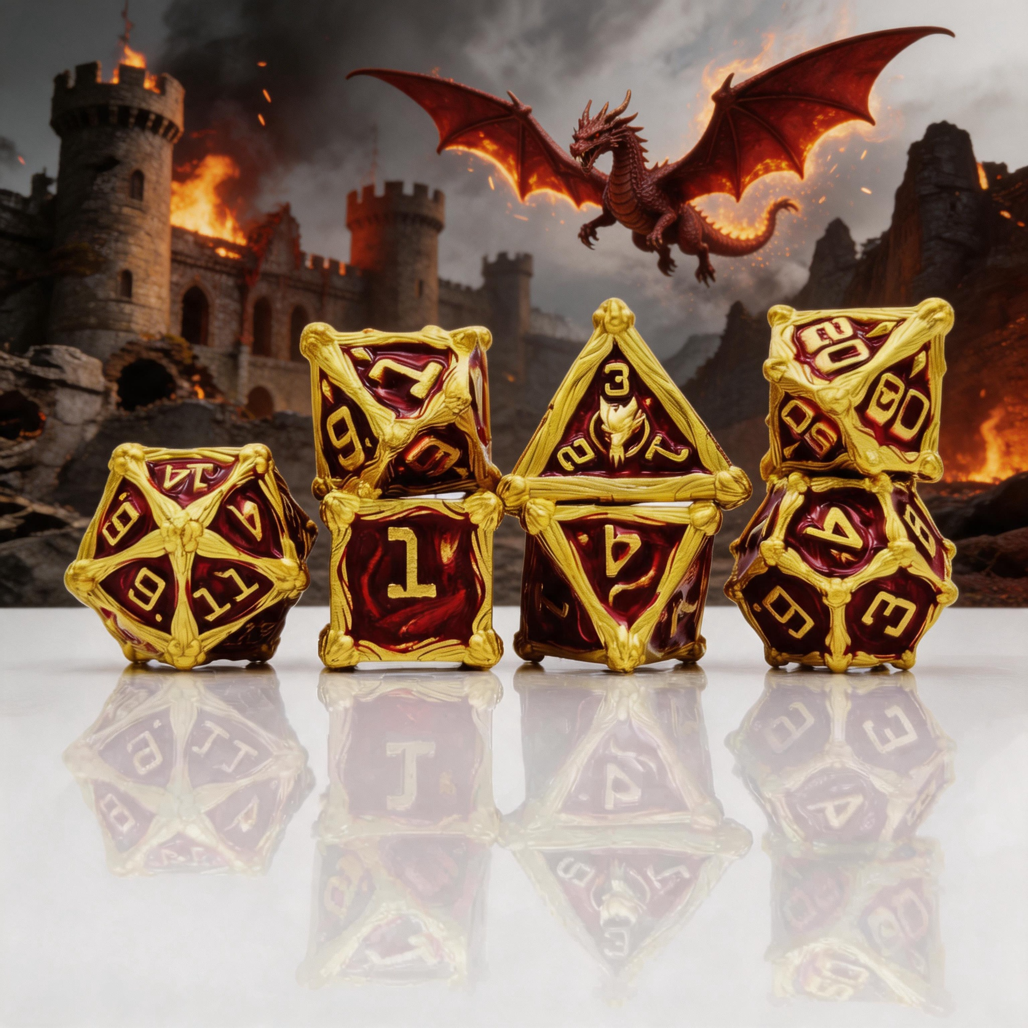 Dragon Crest Ancient Wyrm Metal Dnd D&d Dice Set - Gold Red