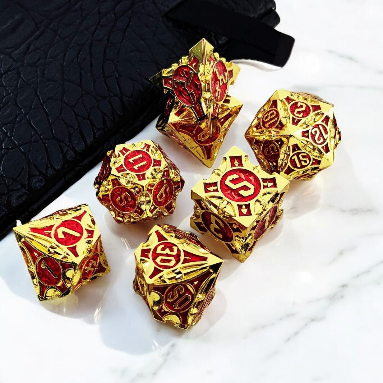 Phoenix Relics Red Gold Hollow Metal Dnd D&d Dice Set - Masters Dice