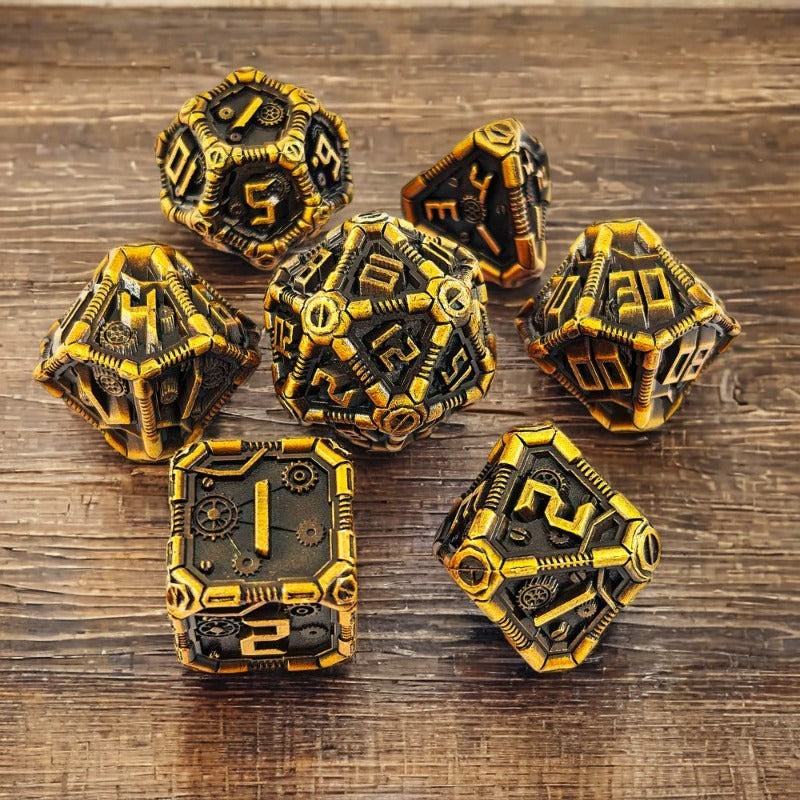 Clockwork Gear Core Metal Dnd D&d Dice Set - Antique Gold