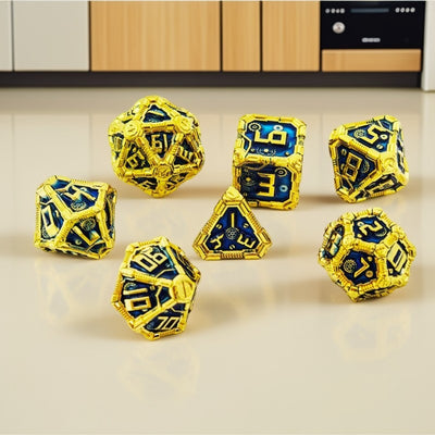 Clockwork Gear Core Metal Dnd D&d Dice Set - Gold Blue