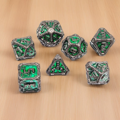 Clockwork Gear Core Metal Dnd D&d Dice Set - Pearl Gunmetal Green